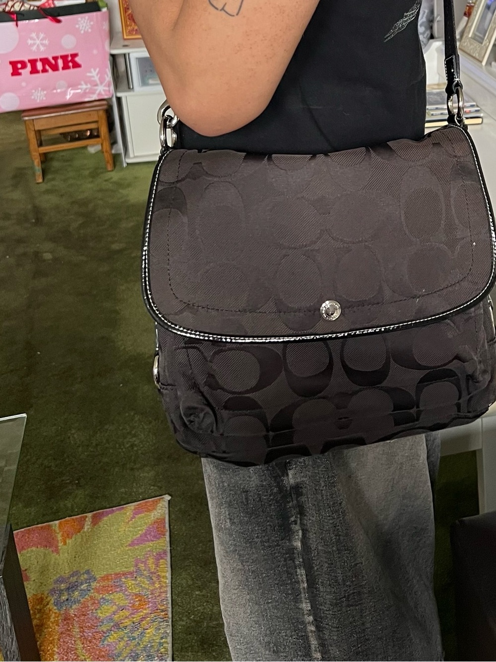 Coach Black Signature Nylon Flap Shoulder Bag